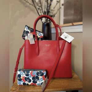 Kate Spade Red Floral Satchel with Crossbody Strap & Accessory Set NWT!